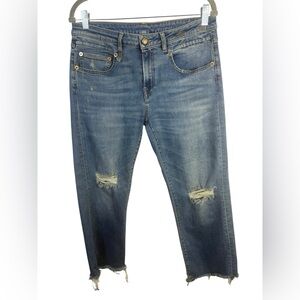 R13 Boy Straight Cropped Length Distressed Jeans in Baylis Wash Made in Italy 29